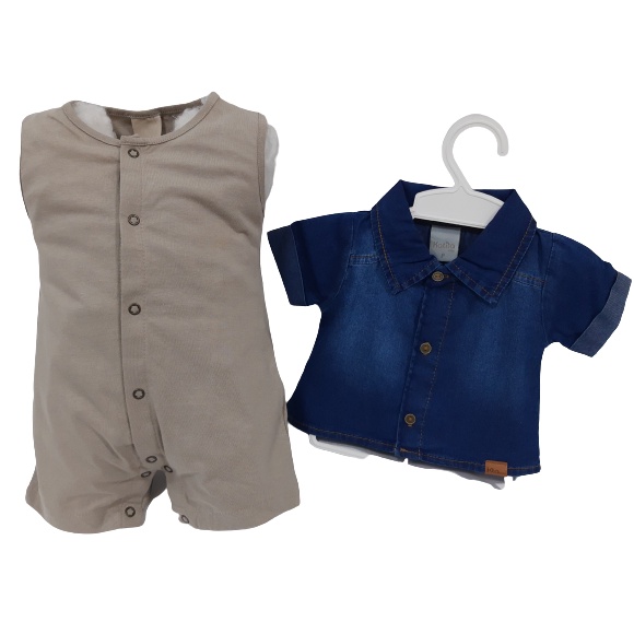 Conjunto Luxo Macacão Curto + Camisa Jeans Bebê Menino 2483
