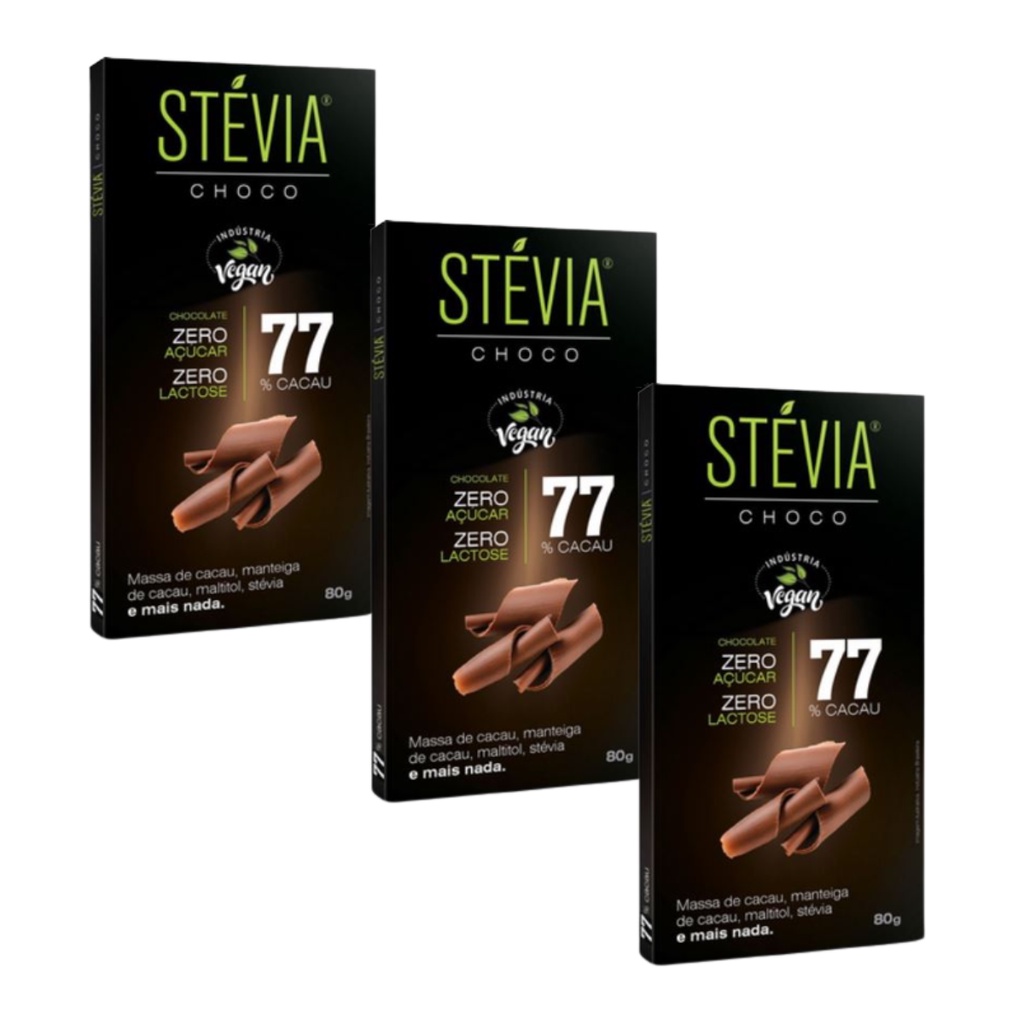 Kit 3 Unidades de Chocolate 77% Cacau Zero Açúcar Zero Lactose 80g - Stévia Choco