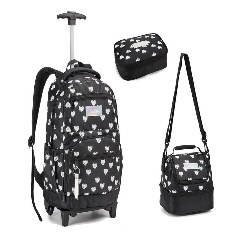 Kit Mochila Rodinha Lancheira Estojo Juvenil Menina Coracoes Just Denlex