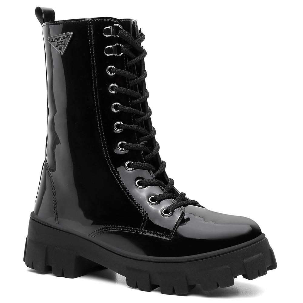 Bota Coturno Feminina Verniz Cano Médio Cadarço Tratorada