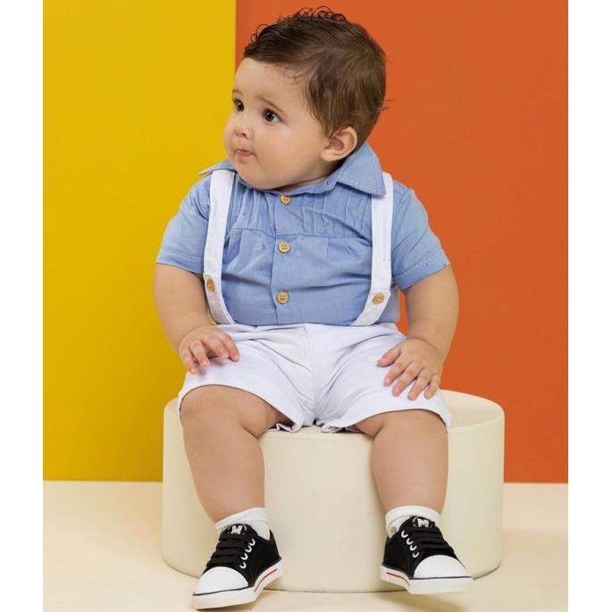 Conjunto Luxo Bebê Menino Camisa Bermuda Suspensório 7335