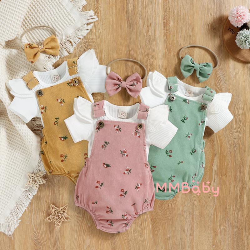 Mbaby-Infant Baby Girl Summer Clothes , Manga De Mosca De Cor Sólida Com Gola Redonda + Macacão Padrão Floral Suspender Jumpsuit + Fita De Cabeça De Arco