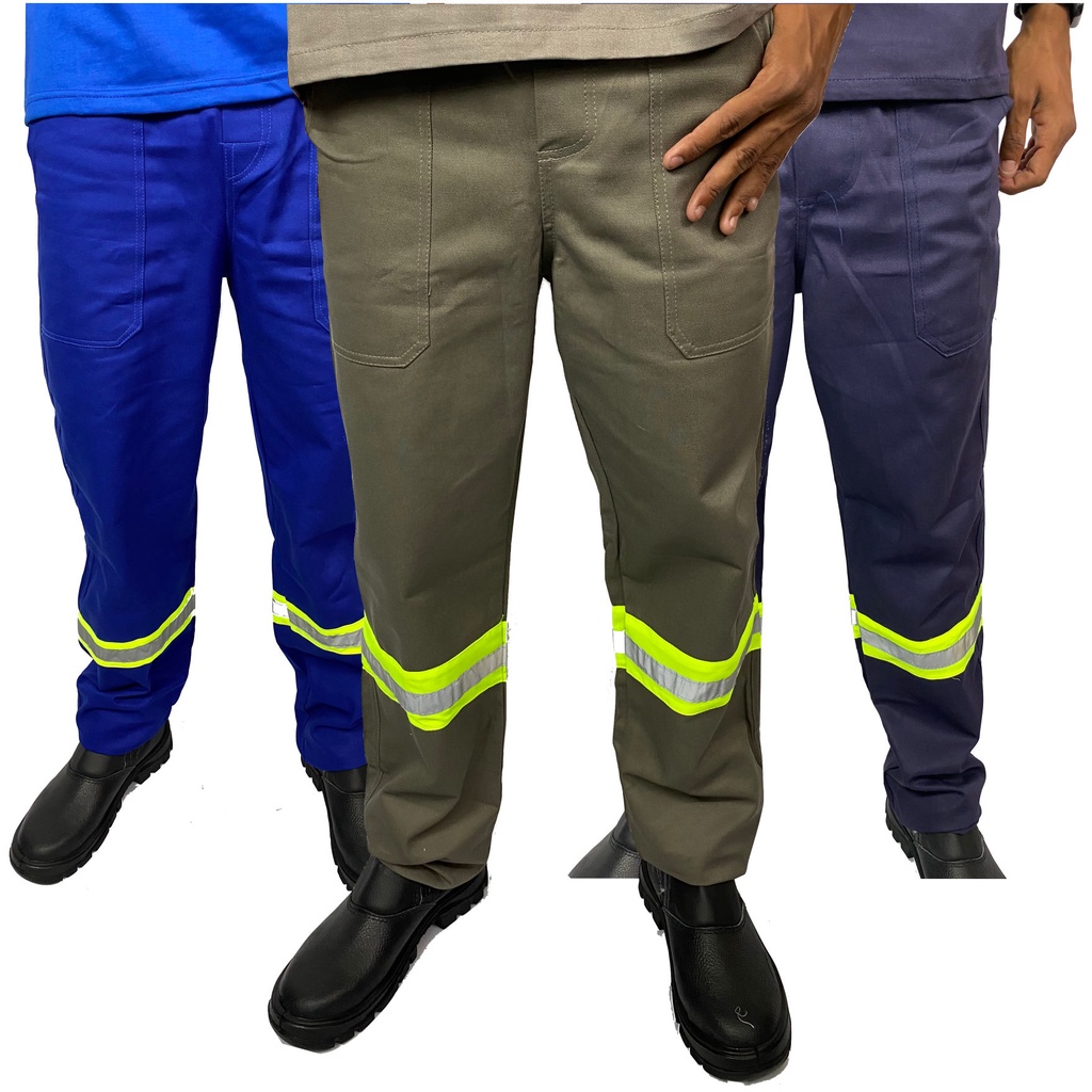 Kit 3 Calça REFORÇADA de Brim Pesado com Faixa Refletivo Uniforme Profissional de Trabalho Sinalização Para Industria Pedreiro Eletricista Soldador Construção Serralheiro