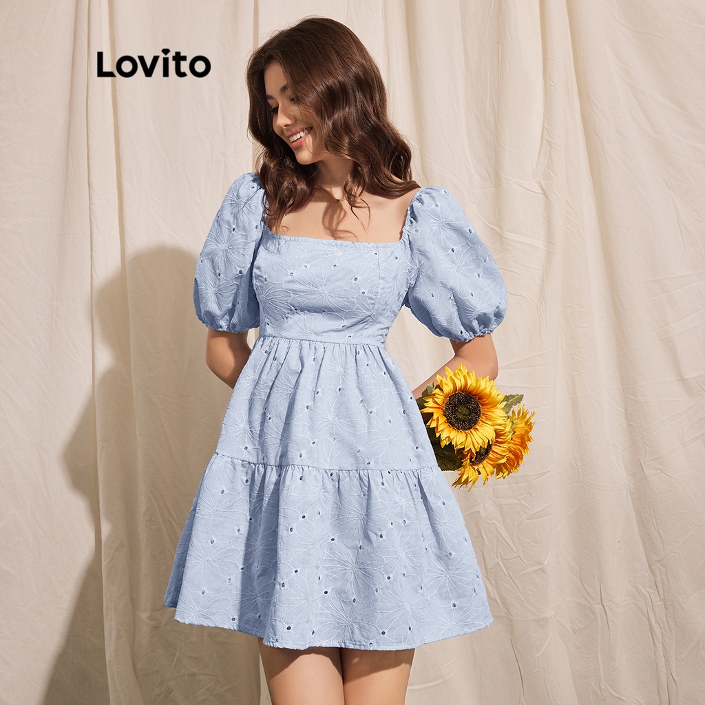 Lovito Romântico Plain Puff Olho De Manga Para Bordados L36LD070 (Azul Claro)