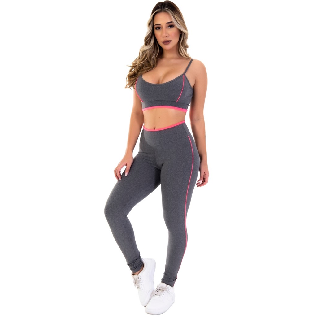 Conjunto Cinza Fitness Feminino Lindo Top Decote V Costa Sem Bojo e Calça Legging Conforto Roupa de Academia Ginástica e Moda Casual