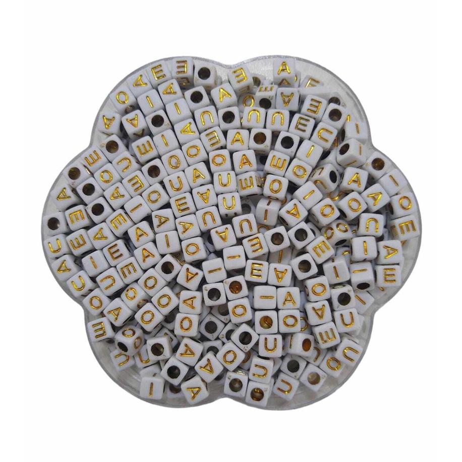 Miçanga Cubo Vogais - Branco c/ Dourado - 6x6mm - 50g