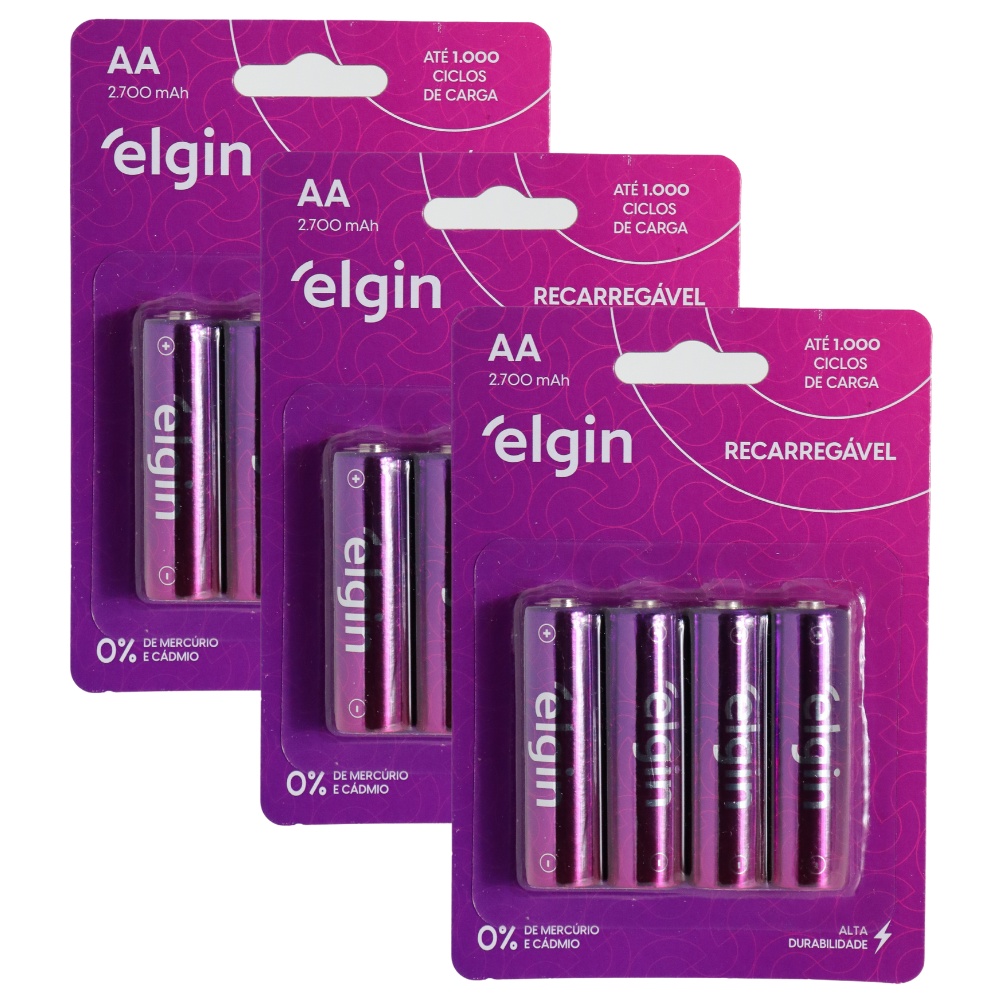 Kit 12 Pilhas Recarregável AA Pequena Blister Com 4 Un Elgin