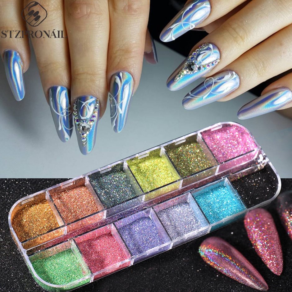 12Grid Laser Holo Prego Cromado Pó Holográfico Lantejoulas Arco-Íris Para Unhas Espelho Glitter Gel Polidor Manicure Decoração em Oferta na Shopee