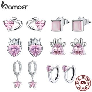 Brincos Bamoer 925 Prata Zircônio Rosa Jóias De Moda Para Meninas SCE1574