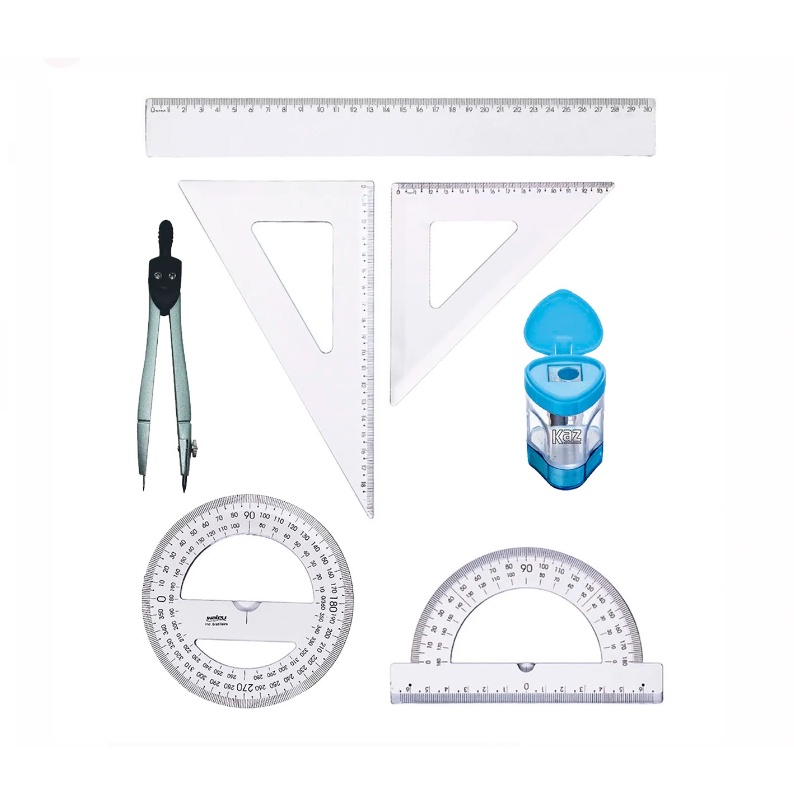 kit material escolar 7 itens régua compasso transferidor esquadro apontador geometria volta as aulas