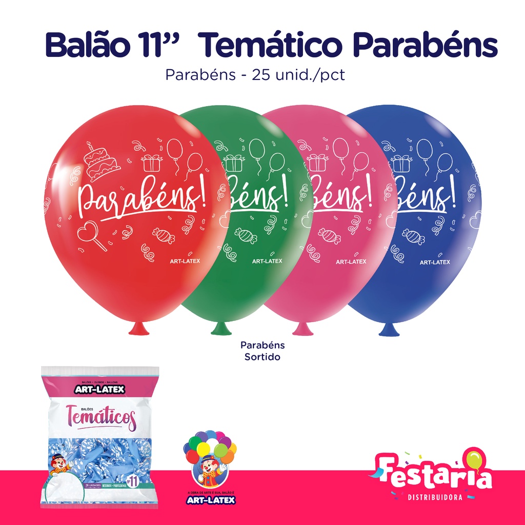 Balão Bexiga Temático 11" Parabéns Sortido – 25 Unidades – Art Latex