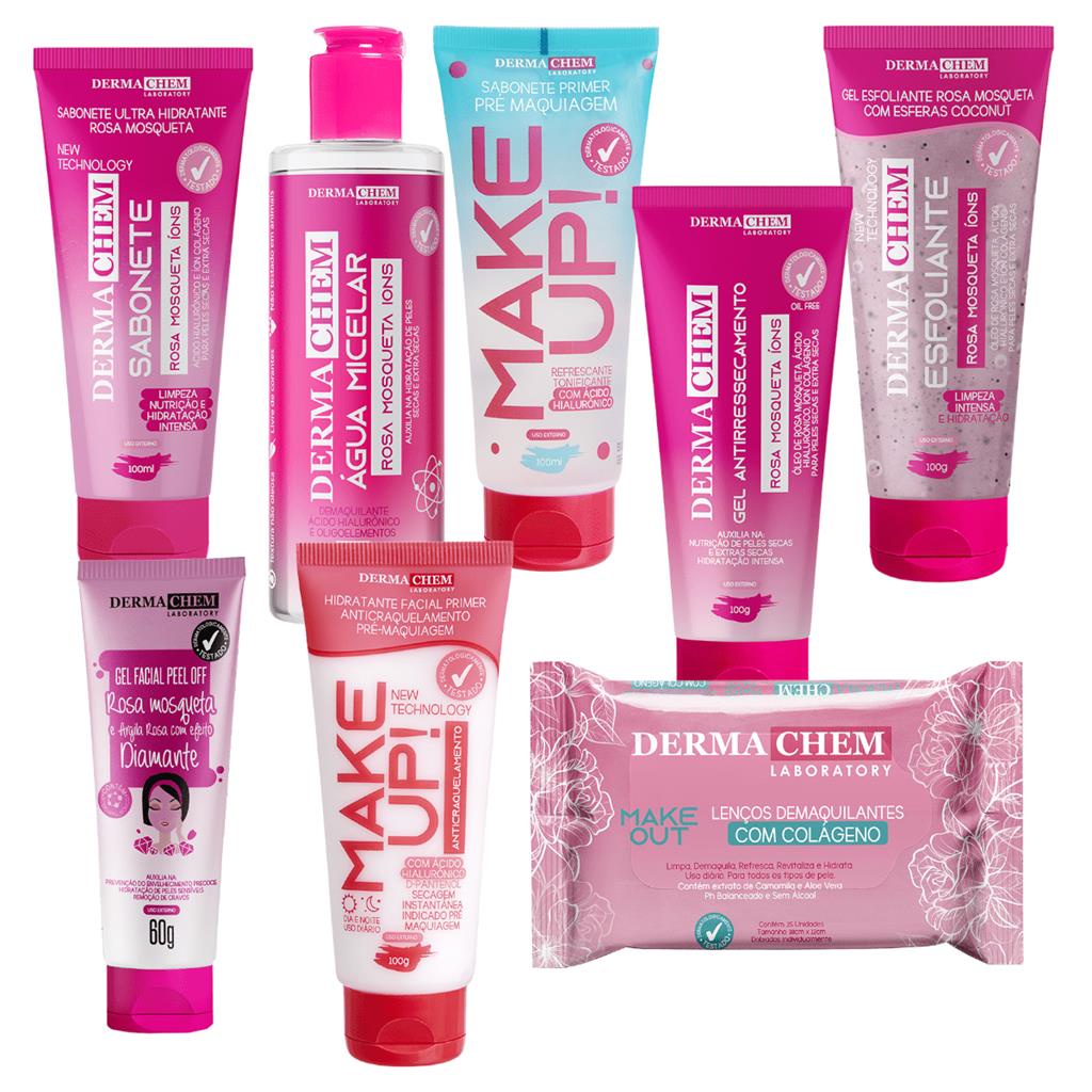 Kit Skincare Completo Rosa Mosqueta - Agua Micelar + Gel Antirressecamento + Sabonete Make Up + Esfoliante + Lenco Demaquilante + Argila + Hidratante Anticraquelamento + Sabonete Nutricao