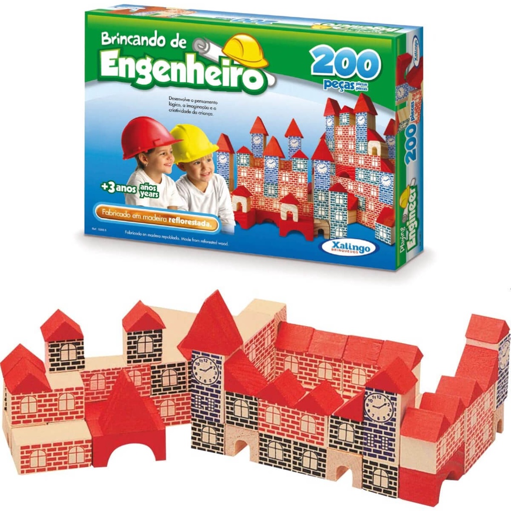 Blocos para Montar Xalingo Brincando de Engenheiro 200 Peças Madeira Reflorestada - 53065 em Oferta na Shopee