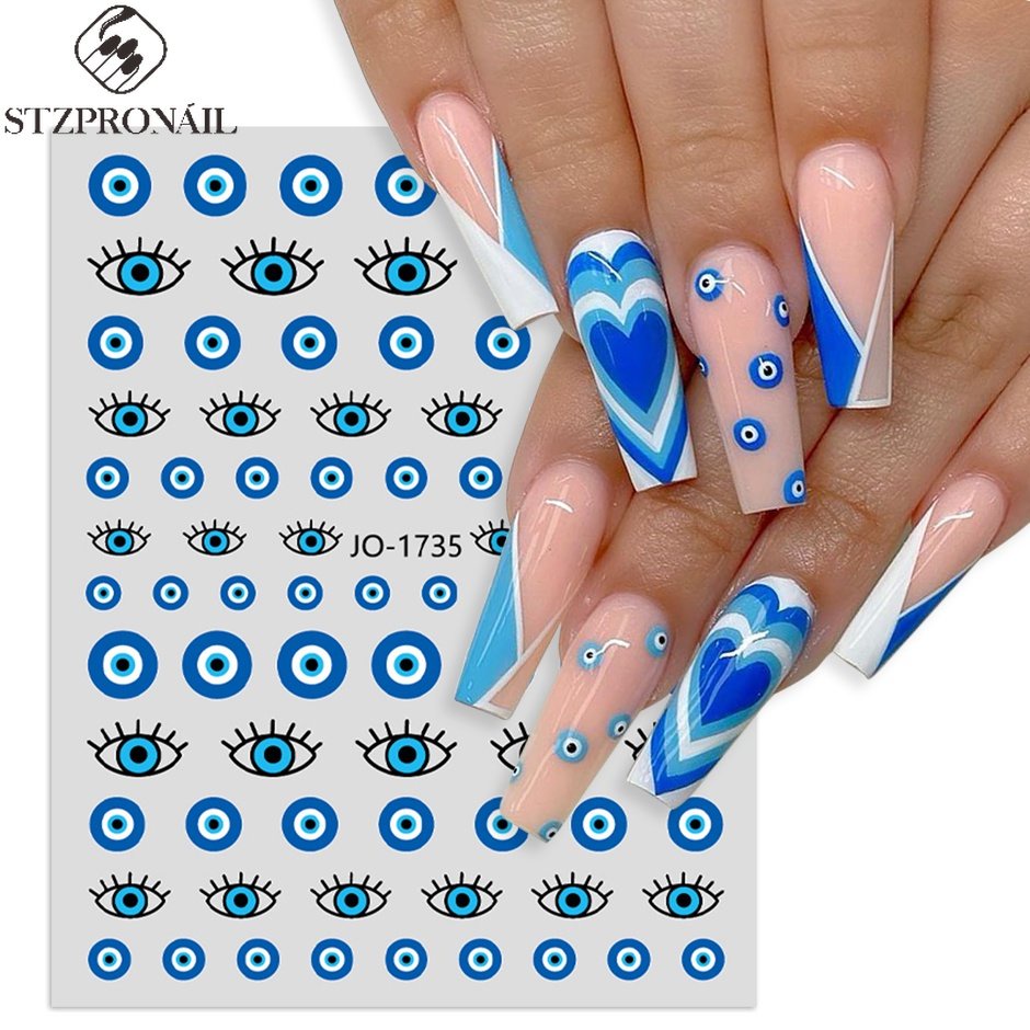 Adesivos Arte De Unhas Azul Autocolantes 3D Abstrato Totem Série Olho Charmosos DIY Design Polido Manicure Decorações LYJO Olhos Malignos 3D Abstracto