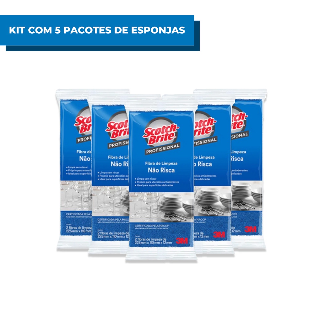 Kit 5 Pacotes Esponjas Fibra Scotch Brite Azul 3m Não Risca Limpeza Leve Bucha Lava Louça Multiuso