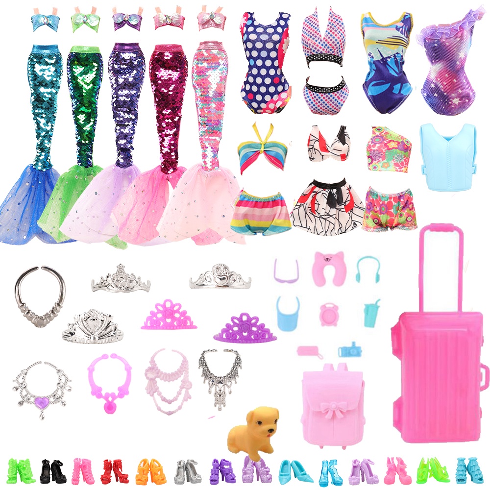 [ sem boneca ] Boneca Roupas Brinquedos 38 PCS = 2 Vestido Sereia + 5 Swimsuit + 10 Sapatos + 1 Mala Cão + 19 Acessórios
