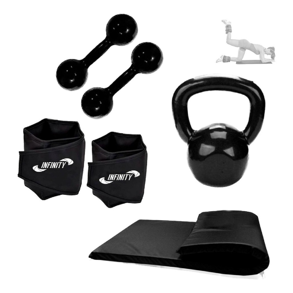 Kit Colchonete, Par Tornozeleira Peso 5kg, Par Halter 3kg + Kettlebell 06kg