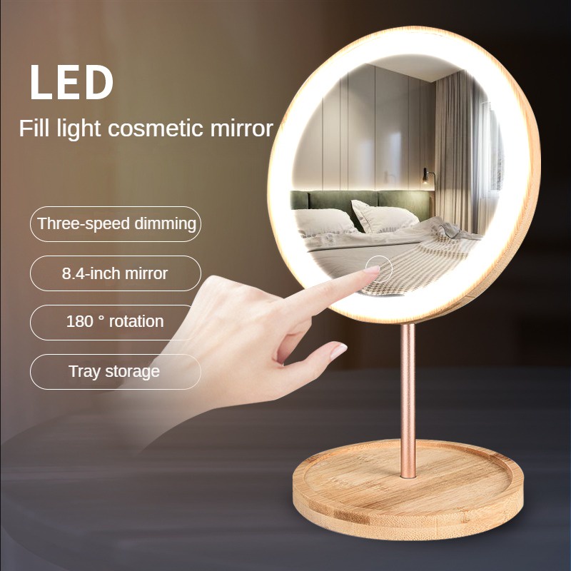 Espelho De Maquiagem De Mesa bambu De Madeira Led Mirror Com Luz Instagram De Secretária Doméstica Preenchimento Diurna Carregamento Beleza Lâmpada Cosmética