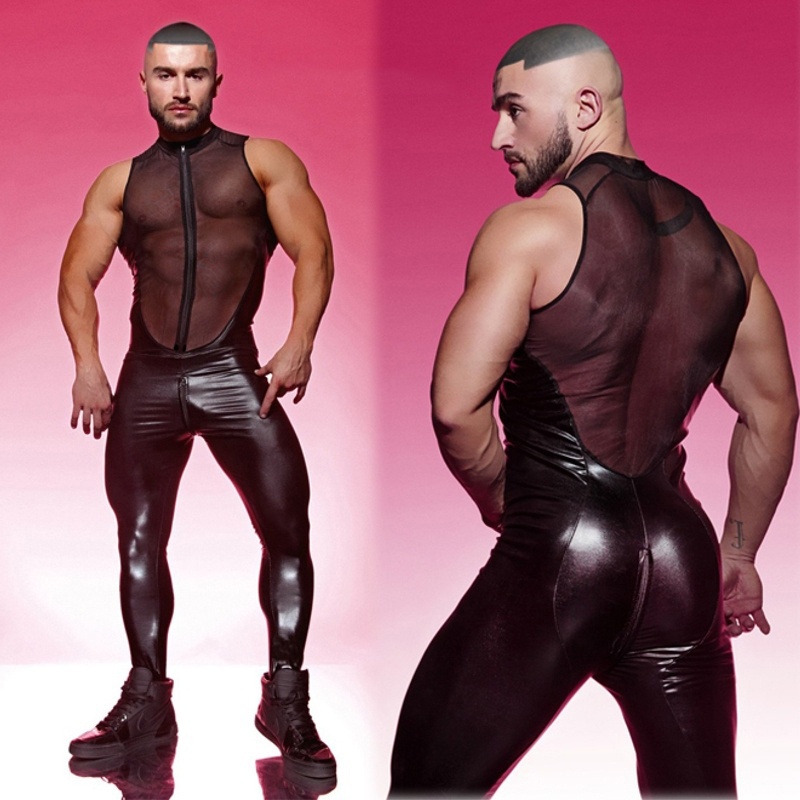 Macacão De Couro Apertado Zentai Para Homens Sexy Malha Top Costura Veja Através Do Hot Club Wear