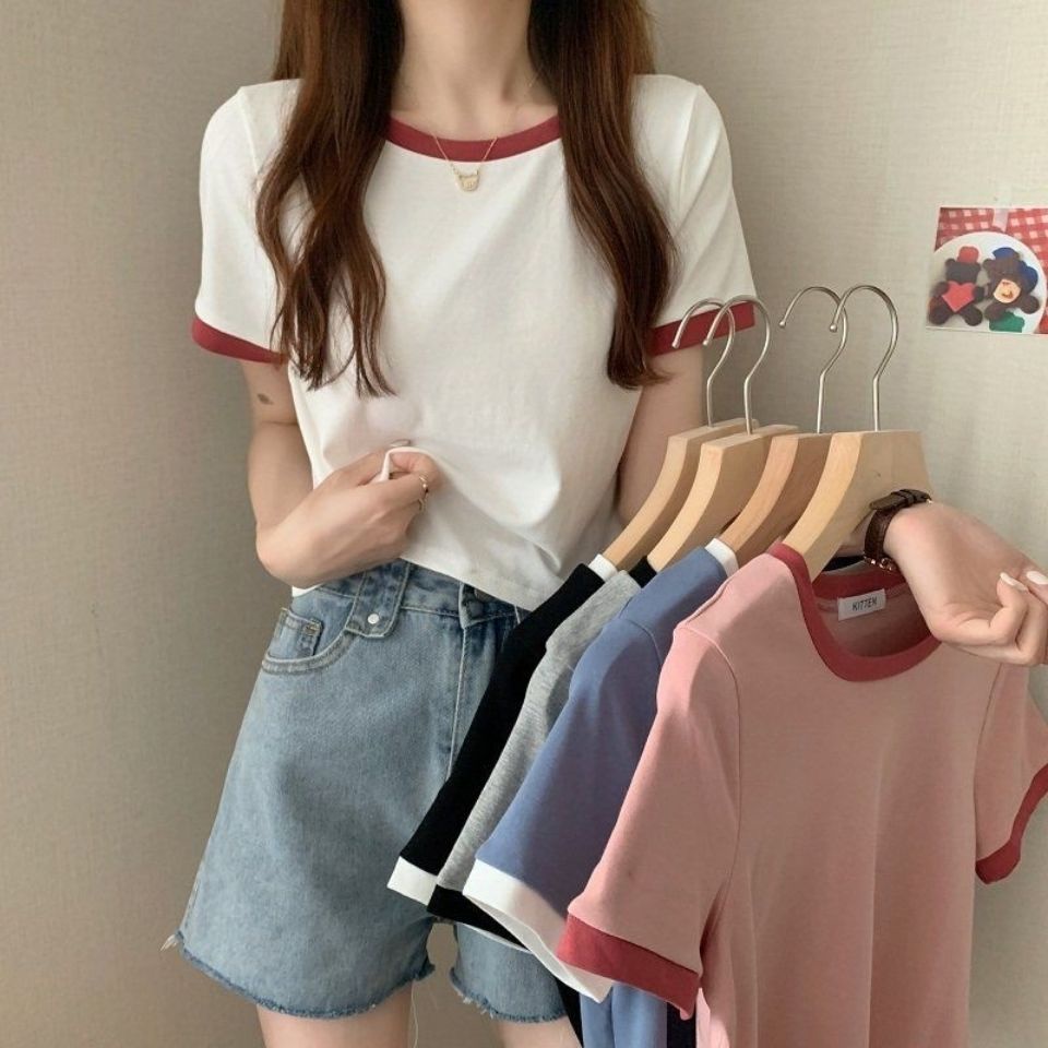 Camiseta Feminina De Manga Curta Cor Contraste Gola Redonda 2023 Novo Estilo Verão Camisa De Versão Coreana Elegante Estudante Top Trendy