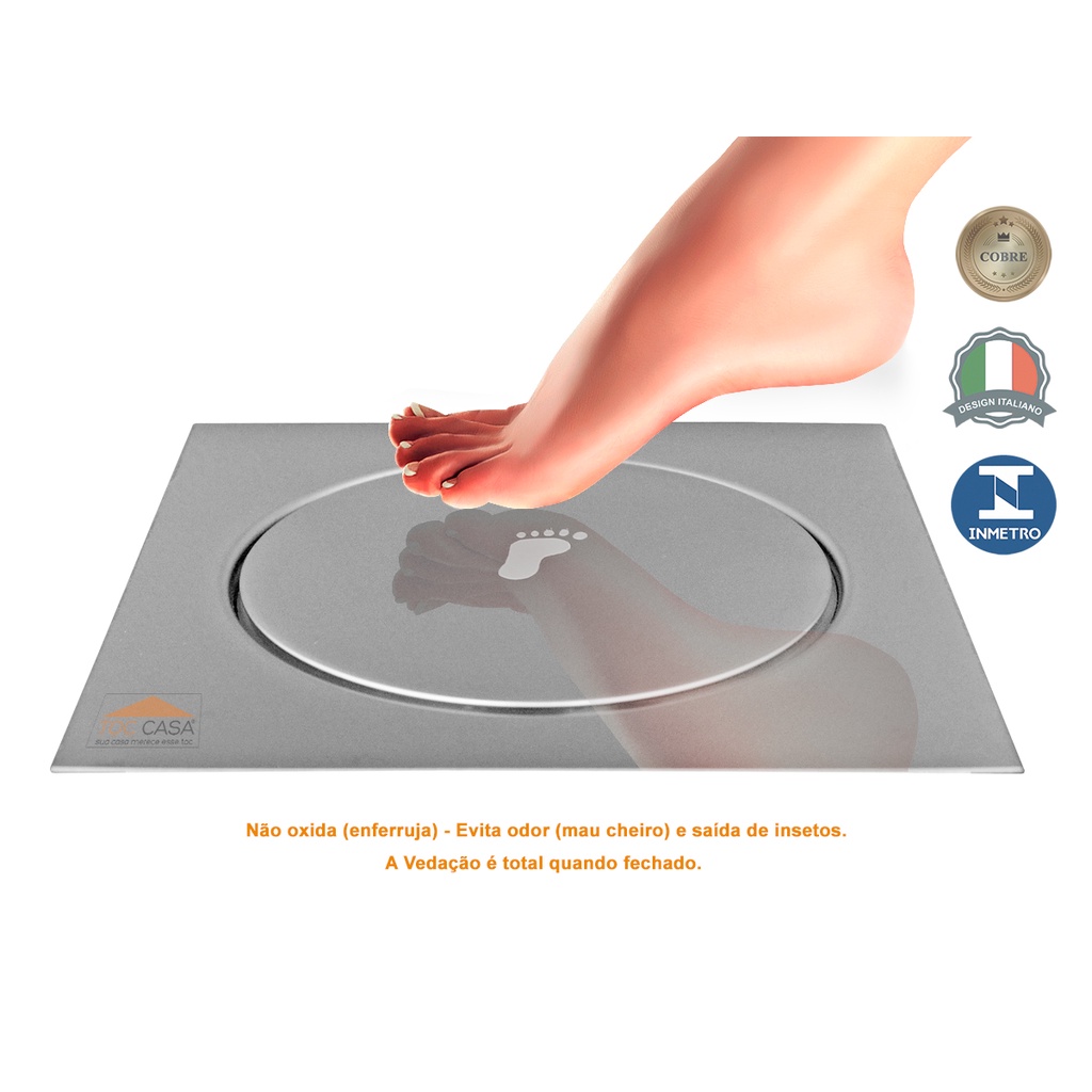 Ralo Inteligente Click Inox 10x10 Cm Quadrado Banheiro Cromado Lavabo Veda Cheiro