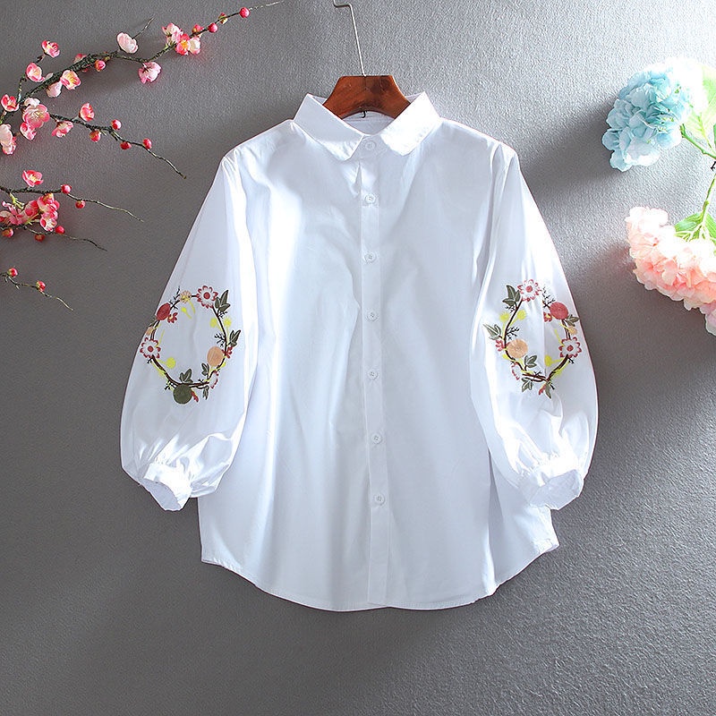 Camisa branca feminina manga longa primavera novo estilo bordado lanterna manga camisa branca manga tornozelo em Oferta na Shopee