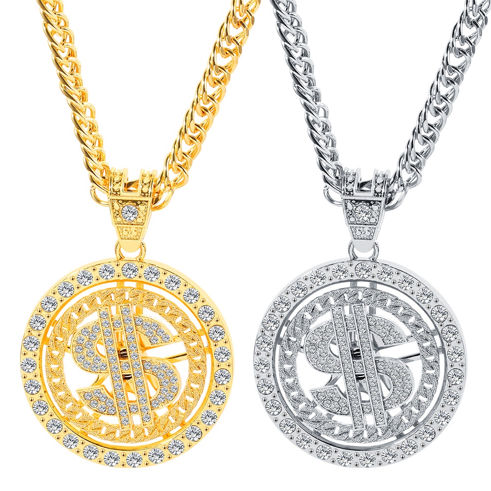 Colar De Hip Hop Dólar Americano Símbolo De Ouro 18k De Giro De Moeda Personalidade De Cadeia Cubana Para Homens