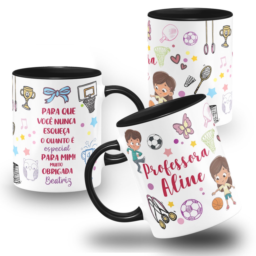 Caneca Professora de Educação Fisica Infantil Tia com Frase e Nome