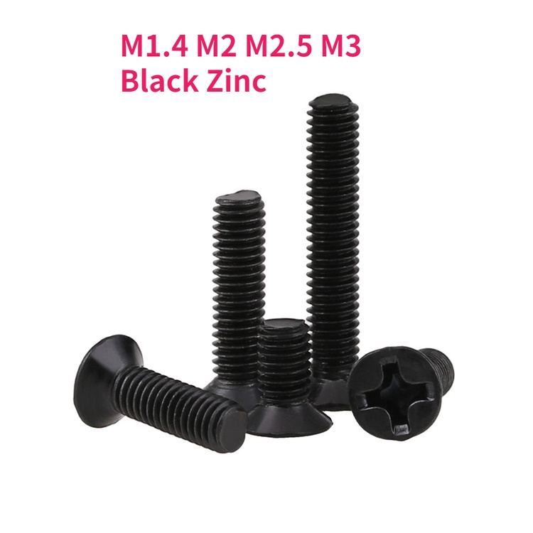 M1.4 M2 M2.5 M3 Parafusos De Cabeça De Zinco Preto Cruzada Plana Phillips