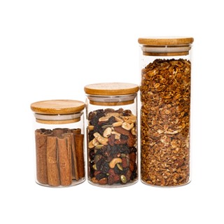 Kit 3 potes de vidro herméticos com tampa de bambu 250ml, 300ml e 450ml - Oikos