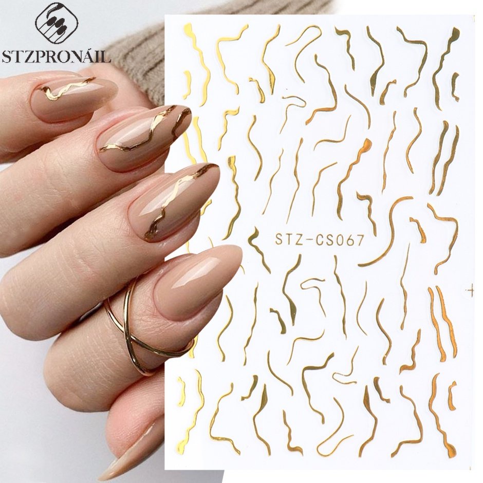 Adesivos De Unha 3D Linha De Mármore Dourado Fita Metálica Decalques Metálicos Decoração Arte De Unhas Manicure Charmosas Design Holográfico