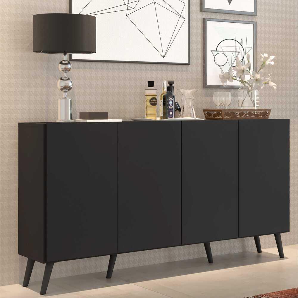 Aparador Buffet 4 Portas com Pés Retrô Veneza Multimóveis Preto - Home & Living