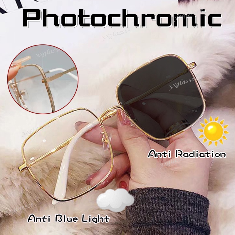 Óculos De Sol Fotocromático Anti-Radiação Feminino Quadrado Armação De Metal Masculina Transição Computador Proteção Dos Olhos Transicional Luz Azul
