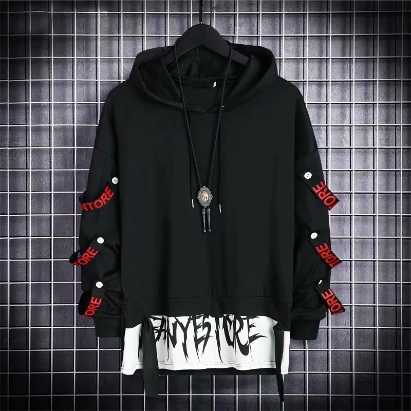 Camiseta De Outono Masculina Com Casual Black Hoodies Tops Techwear Hip Hop Harajuku Patchwork Roupa De Rua Japonesa