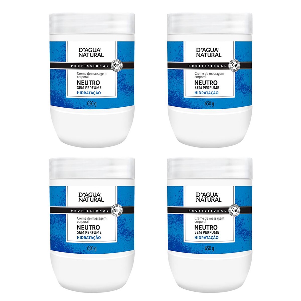 Kit 4 Potes Creme De Massagem Corporal Dagua Natural Neutro 650g Sem Perfume Hidratação