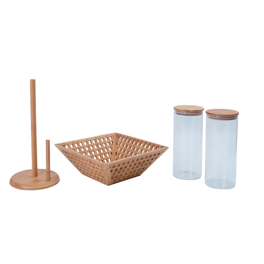 Kit 2 potes de vidro tampa de bambu 1,6L, fruteira vazada bambu e porta papel toalha de bambu - Oikos