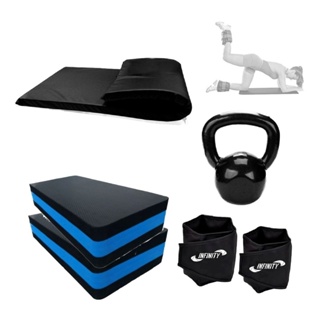 Kit Treino em Casa - 2 Steps + Kettlebell 6 Kg + Par Caneleira Peso 3kg + Colchonete em Oferta na Shopee