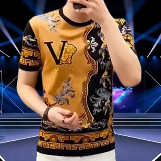 Camiseta De Rua De Mercadoria Européia Homens Influenciadores Cor High-End Short-Sleeved Ice Silk Sweater Summer Casual Half