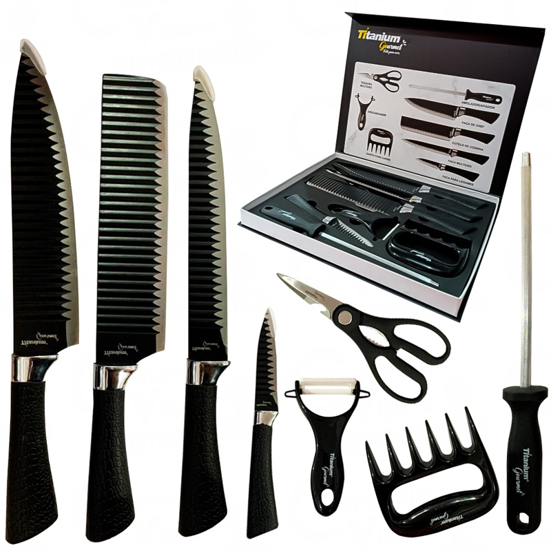 Kit Jogo De Facas Gourmet Premium Em Aço Inox 8 Peças Aço Inox Preto Luxo Casa Cozinha Chick em Oferta na Shopee