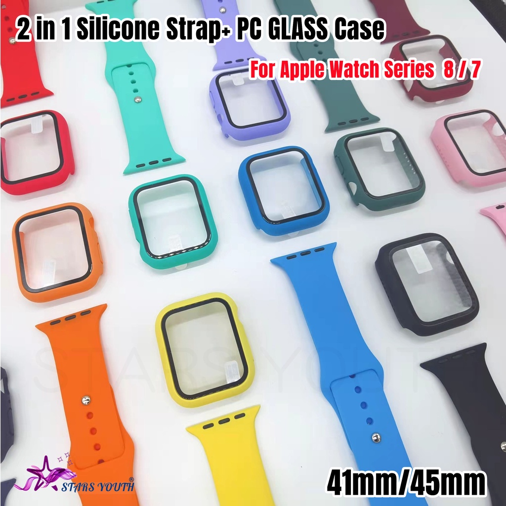 (Mesma Cor) Pulseira De Relógio Siclicone + PC Estojo De Vidro Para Apple Watch Series 8 7 Tamanho 41mm , 45mm