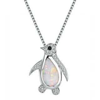 Colar Fashion Pinguim Branco Com Pingente De Opala