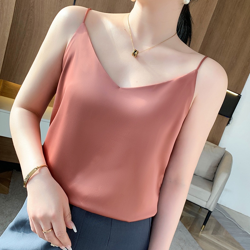 Camisa Feminina Casual De Seda Cetim Estampa De Verão Em V Camisola Cami Spaghetti Com Alça Solta Básica Sem Mangas