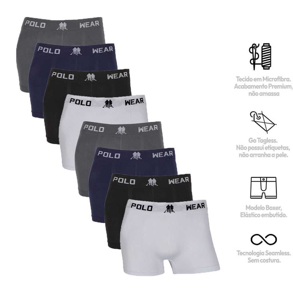Kit 8 Cuecas Box Microfibra Lisa Sem Costura Polo Wear em Oferta na Shopee