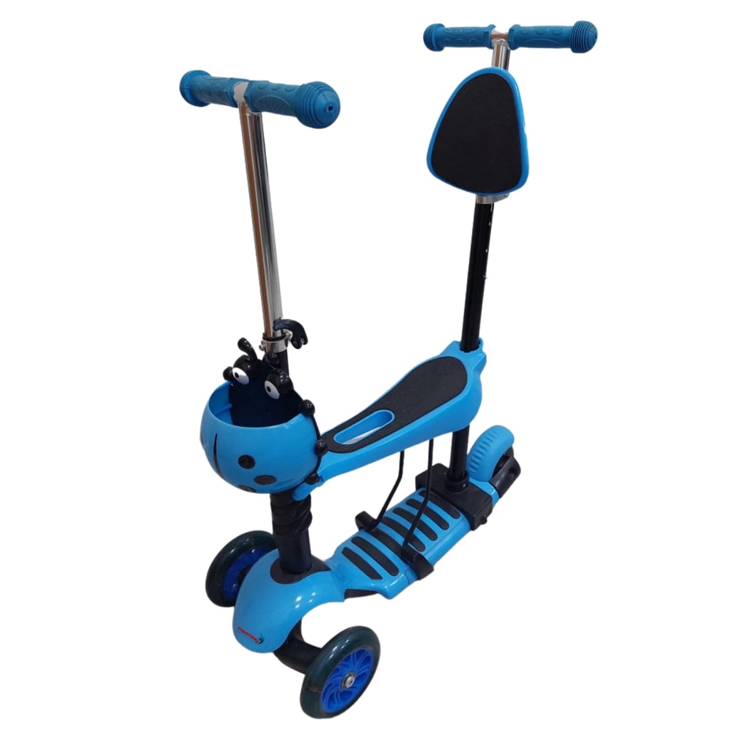Patinete infantil 3 em 1 empurrador com banco e cestinha azul