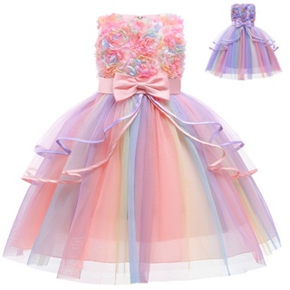 Doce Flor Meninas Vestido Verão Arco-Íris Malha Laço Pequena Princesa Festa De Aniversário Natal Presente em Oferta na Shopee