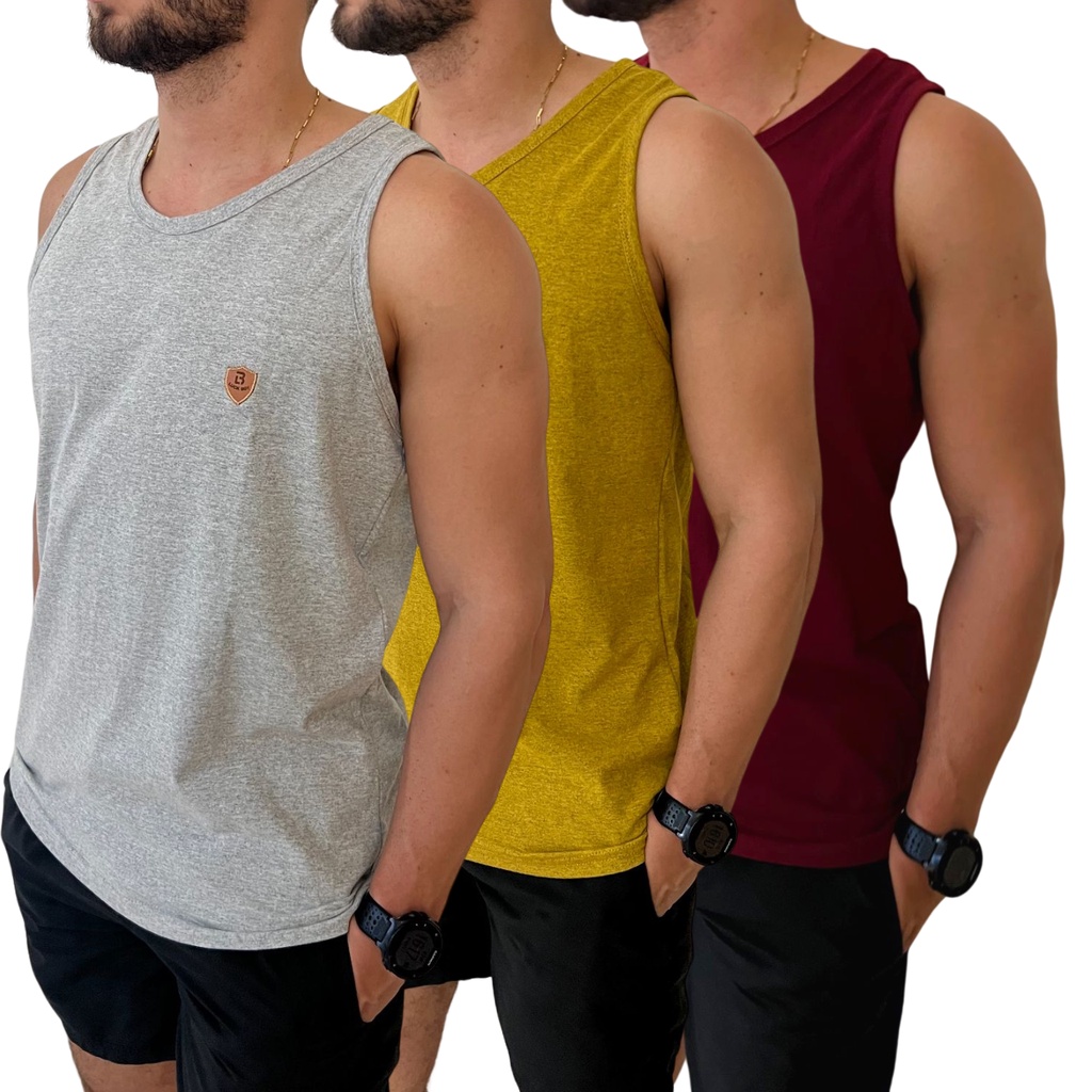 Kit 3 Camisetas Regata Masculina Premium 100% Algodão Moda Fitness Academia