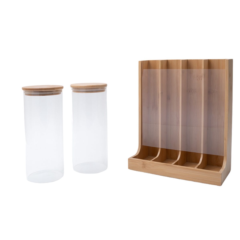 Kit com 2 potes de vidro com tampa de bambu 800ml e porta cápsulas de bambu - Oikos - Home & Living