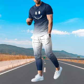 Homenssportwear Suit Short Sleeve T Shirt Long Pants Homens Conjuntos De 2 Peças Tracksuit 3D Impresso Cara Sorridente Roupas De Tamanho Superior .