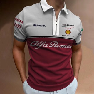 Ferrari F1 Camisa POLO Masculina , De Corrida Com Zíper De Estampa 3D Preta , Moda De Verão Camiseta Gola Redonda Tamanho Grande