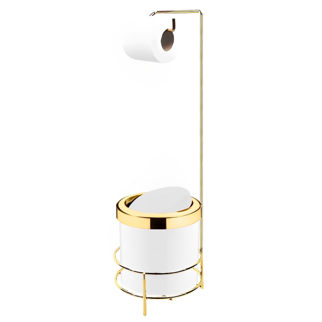 Kit Suporte Porta Papel Higiênico Com Lixeira 5L Cesto Lixo Tampa Basculante Banheiro Dourado Branco - Future